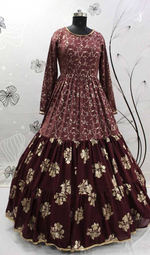Brown Color Georgette Fabric Gown With Metallic Foil Work